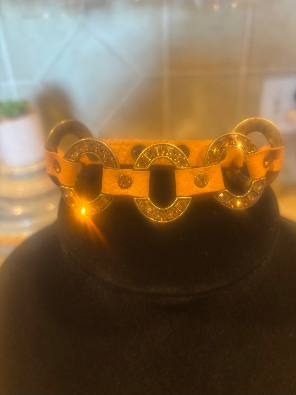 Elegant Orange tan color leather and Gold-Tone Link Bracelet